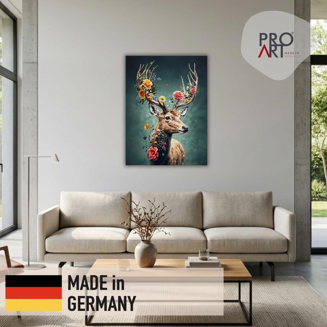 Pro-Art Leinwand Bilder Hirsch mit Blumen Groß 60x80 cm Bild Wohnzimmer Bild modern Deko Wandbilder Schlafzimmer Tiere