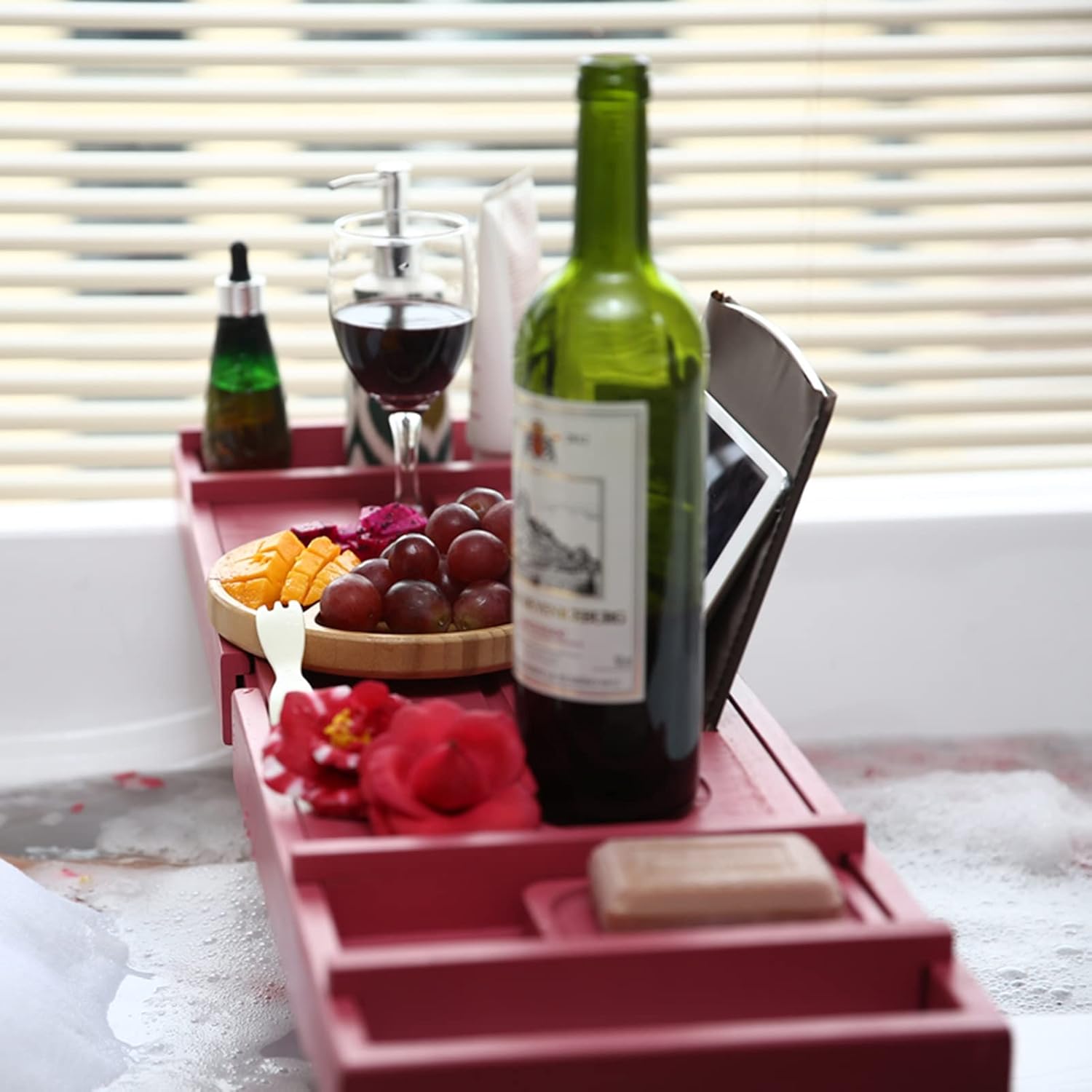 Bamboo Bathtub Tray Caddy, Expandable Bath Tray with Book/Tablet and Wine Glass Holder, Bathroom Organizer for Luxury Bath,Pink