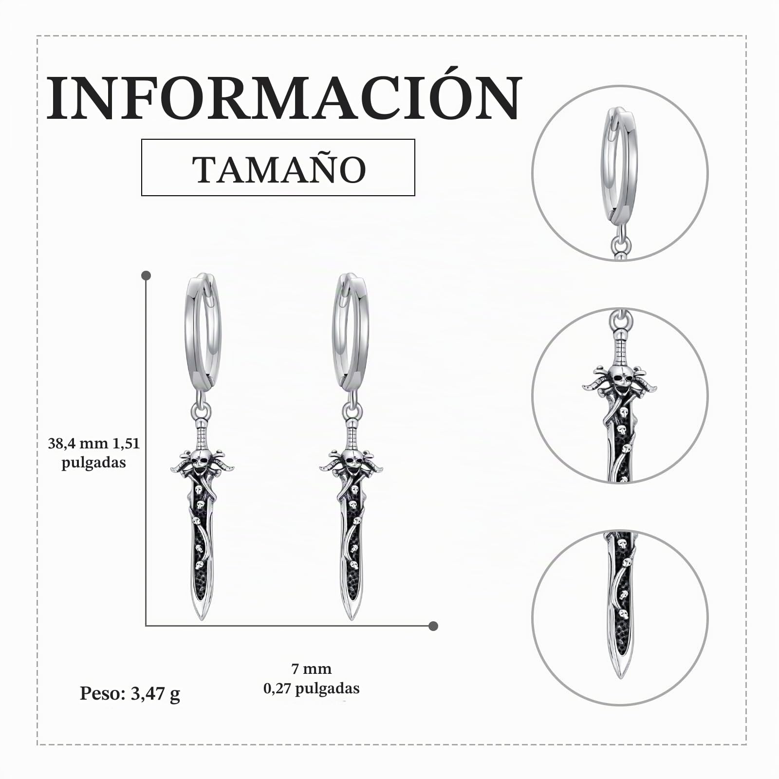 VONALA Pendientes de daga de plata de ley gótica, aretes de aro de espada, aretes colgantes de calavera, aretes de cuchillo, joyería gótica, regalo para niños, Plata de ley, No es una piedra preciosa
