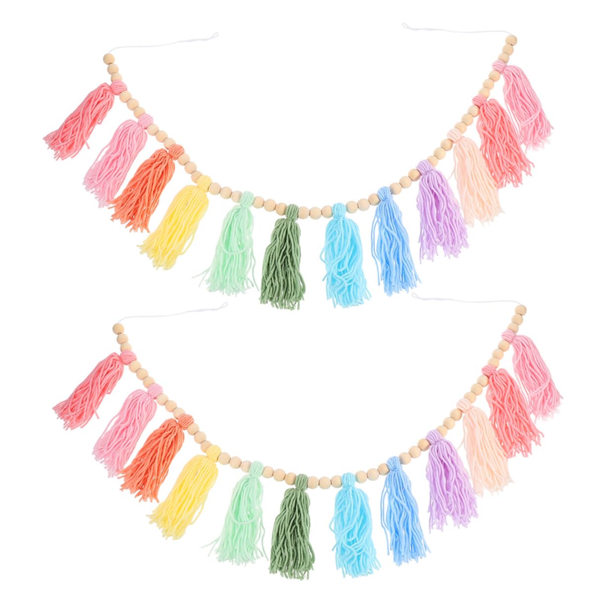 Guirlande de perles bois pompons pastels déco bohème