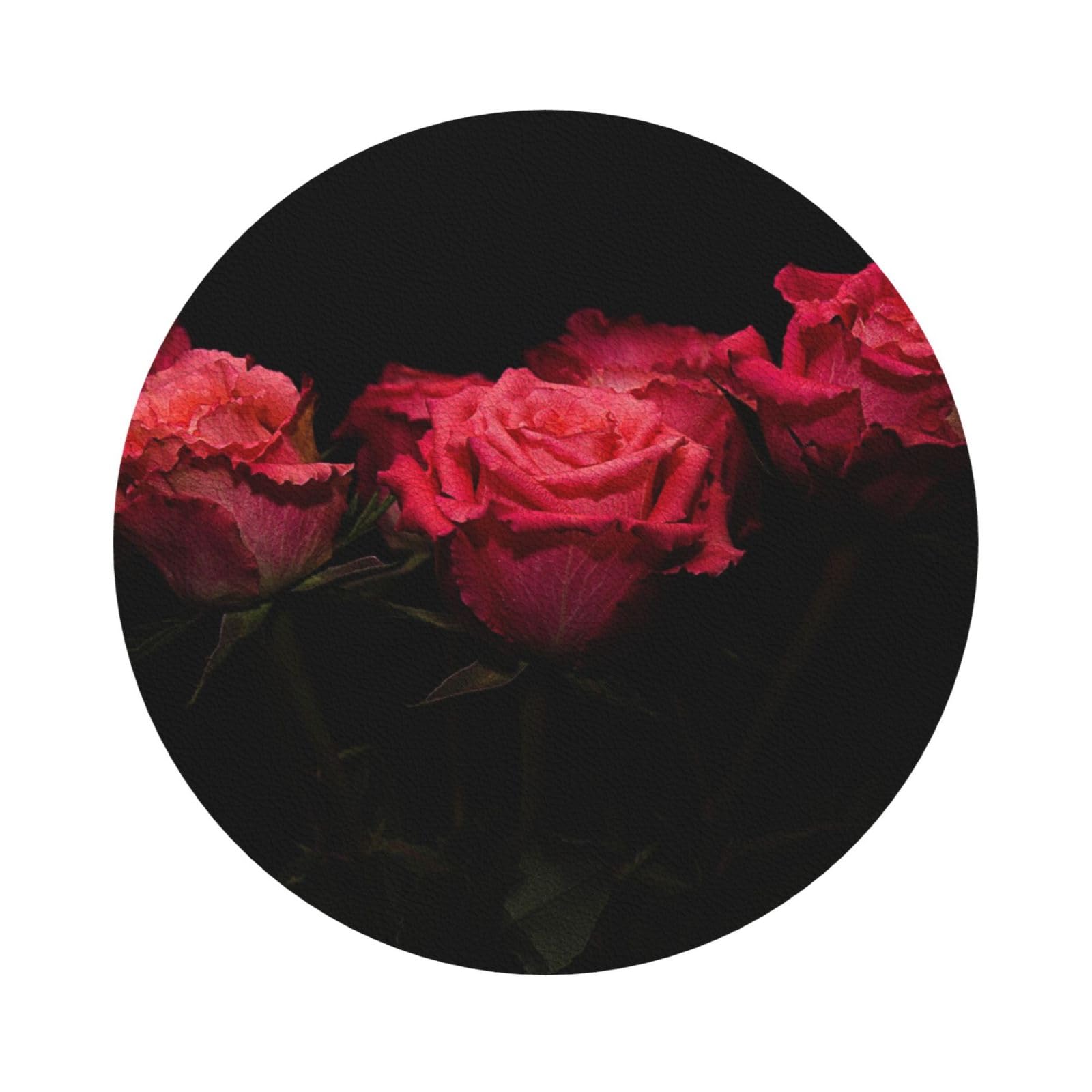 Red Rose and Black Leaves PU Leather Coasters Set of 6 Round Drink Coasters
