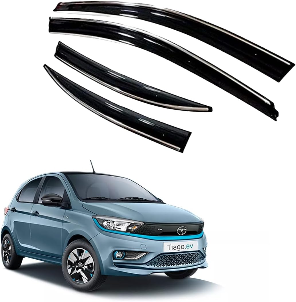 Premium Chromeline & Silverline Unbreakable Car Rear Window Wind Deflectors & Side Door Visor Rain Guard Compatible with (Tata Tiago EV (2023 Onwards))