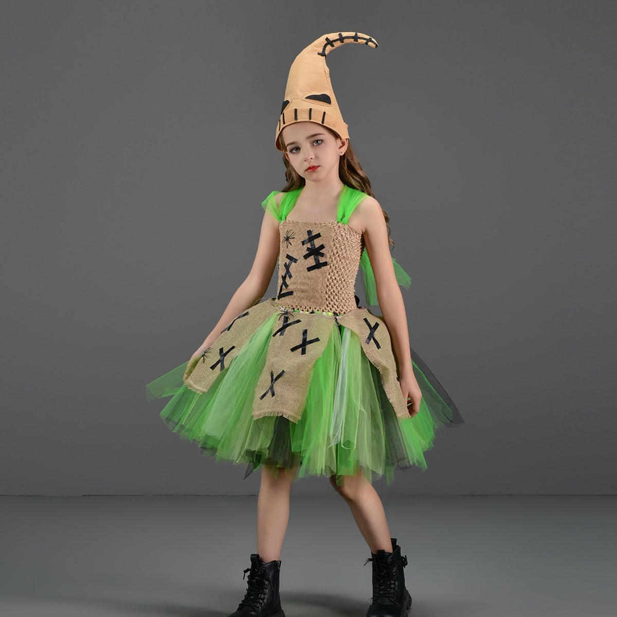 IBAKOM Halloween Costume Girls Princess Dress Nightmare Ruffle Tulle Dress and Skeleton Hat Fancy Dress Costume for Kid Girls Green S/2-3Y - Image 2