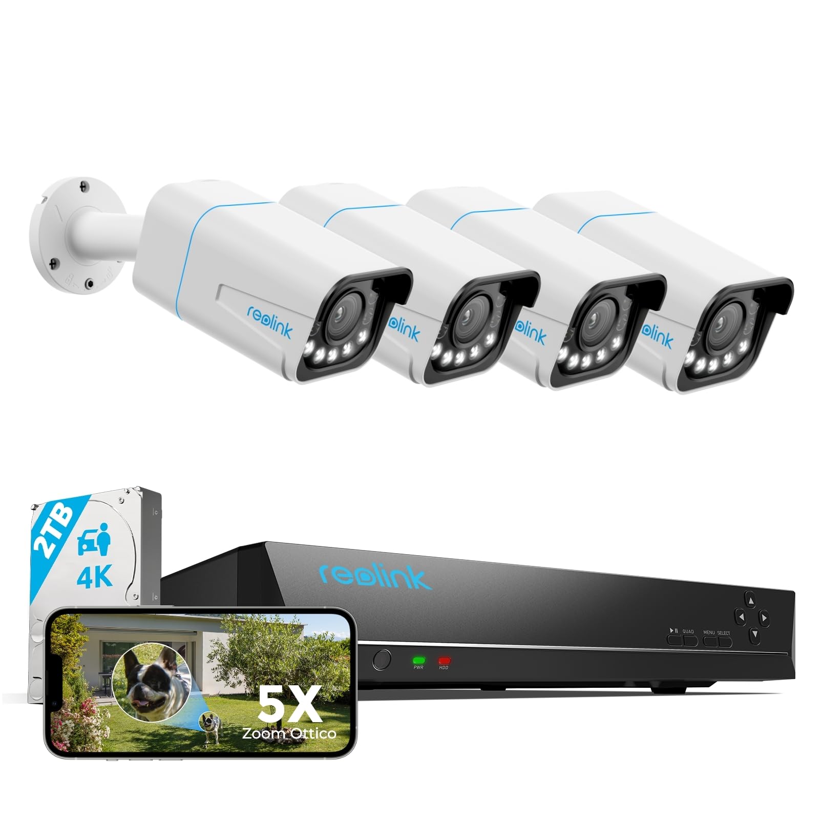 Reolink 4K Poe Kit Telecamere Videosorveglianza, Zoom Ottico 5X, NVR 8CH 2TB + 4X Telecamera Esterno con Faretti, Rilevamento di Uomo/Veicolo, Audio Bidirezionale, Impermeabile IP67, RLK8-811B4