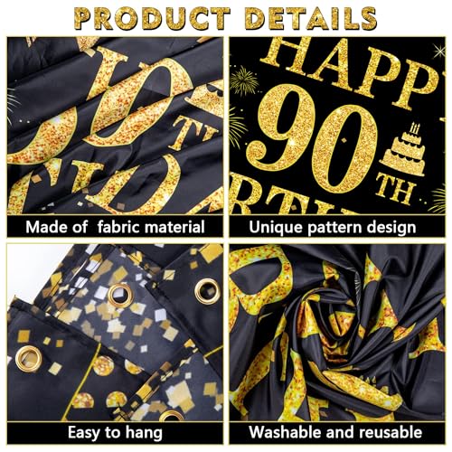 Image of 90th Birthday Decorations for Women Men - Happy 90th Birthday Banner Decorations Black Gold Welcome Background Sign for Cheers 90 Years Birthday Party Supplies Decor Indoor Outdoor (71 x 45 inch)