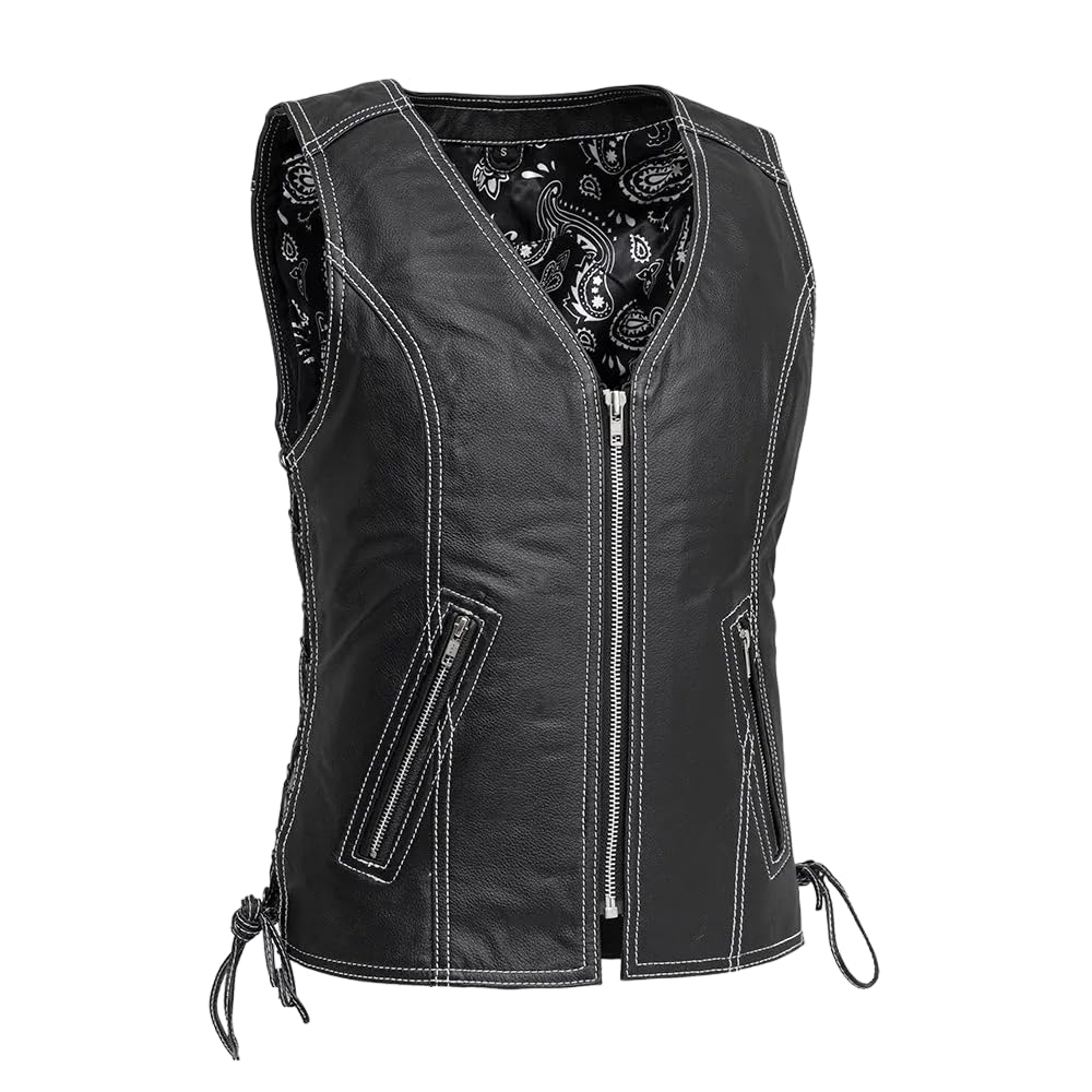 First Mfg Co Cindy V-Neck Motorcycle Leather Vest: Premium cow leather, center zipper, D-Ring laces, concealment pockets, satin lining.