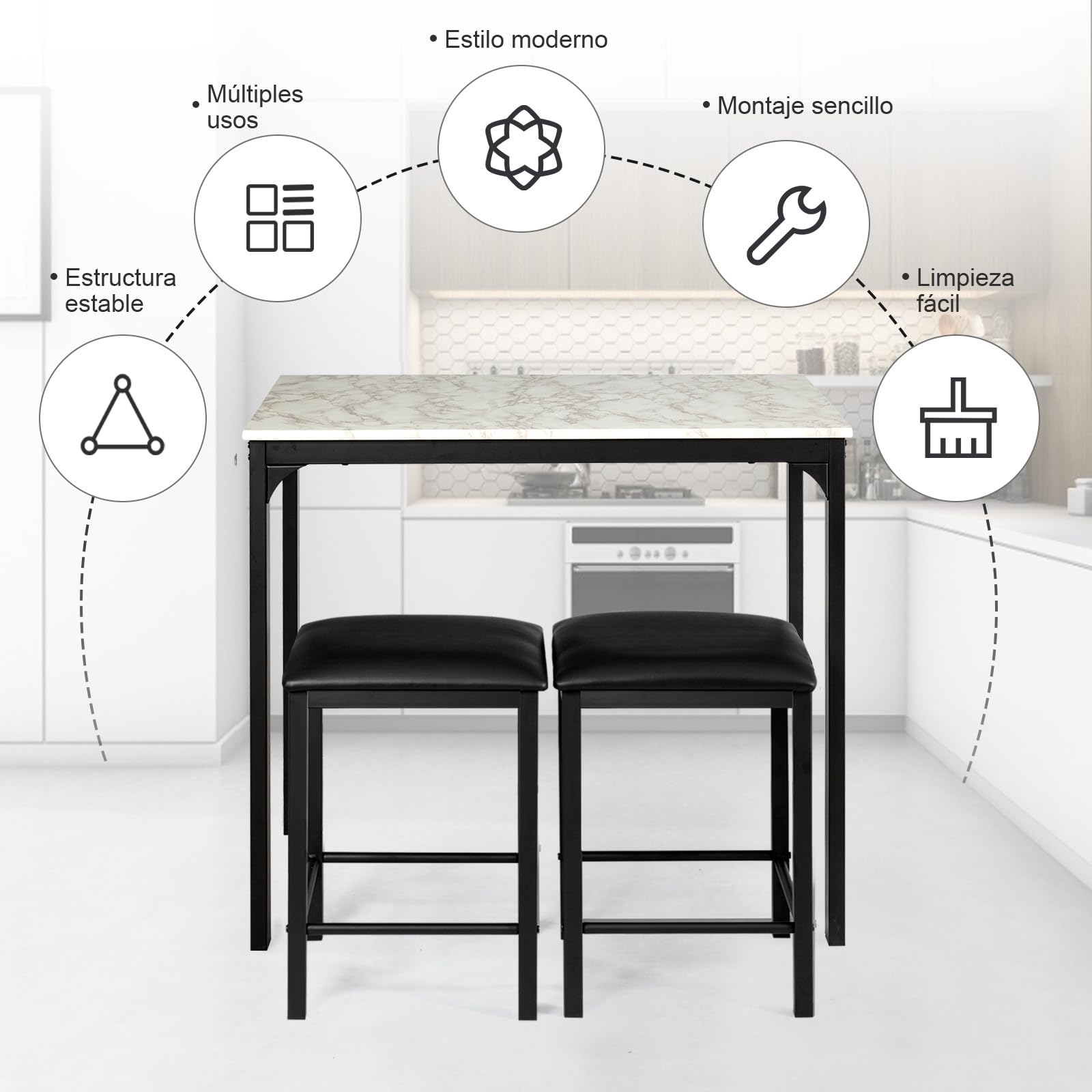 COSTWAY Conjunto de Mesa y Sillas de Comedor y Cocina, Rectangular 90 x 60 x 82 cm, 2 Sillas de Cuero Sintético 35 x 35 x 50 cm, para Espacios Pequeños (Blanco)