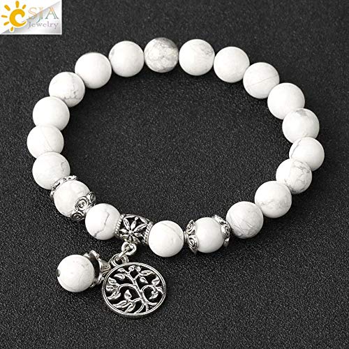 SFAREK Stone Bracelets for Women,7 Chakra Natural White Howlite Bracelet 8Mm Mala Beads Tree of Life Bangle Charms Good Luck Yoga Zen Gift for Couples Unisex Mothers