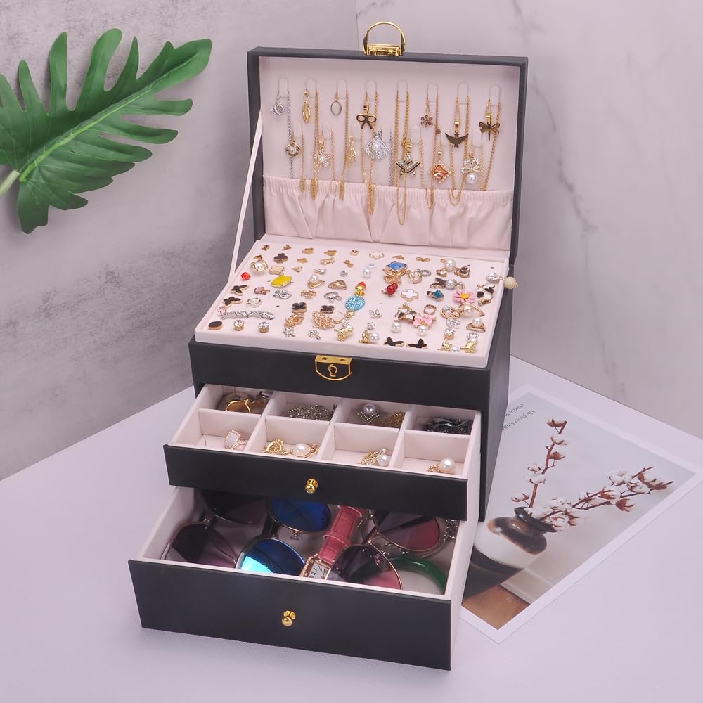 Jewelry Box Women Girls Earrings Holder Necklace keeper PVC Leather Jewelry Organizer Rings Storage Case Lockable Ear Stud Card Sunglasses Watches Drawers GY307 (Black)