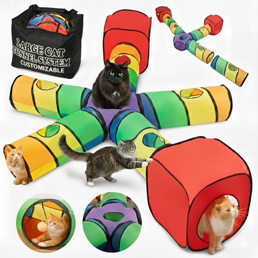 Genius Cat Tunnels for Indoor Cats - Large Customizable 5-Way Tunnel Tube System with Hanging Toys, Storage Bag, Tear-Resistant & Collapsible Play