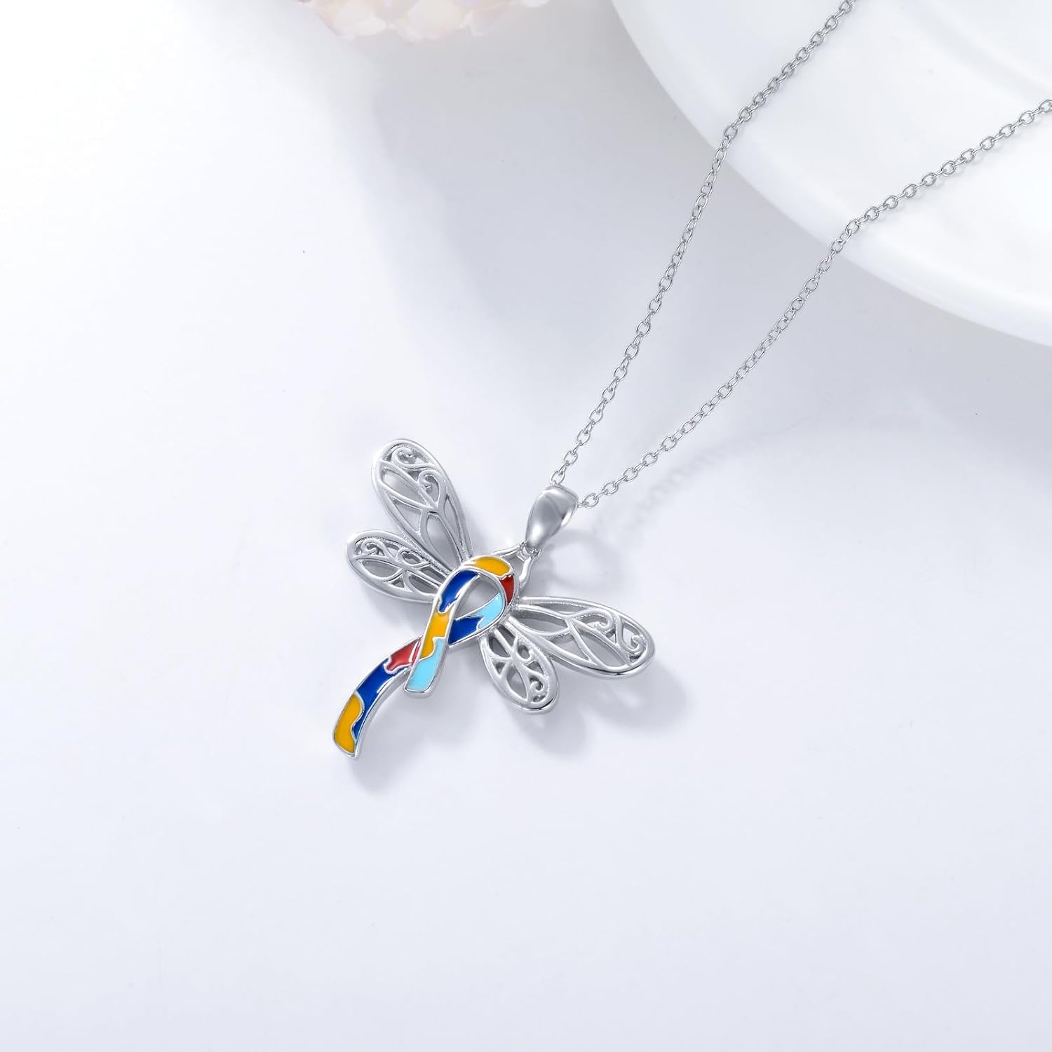 AOBOCO 925 Sterling Silver Butterfly/Dragonfly/Angel Wing/Cross Autism Awareness Necklace Autistic Colorful Puzzle Piece Necklace Autism Awareness Jewelry Gifts - Image 3
