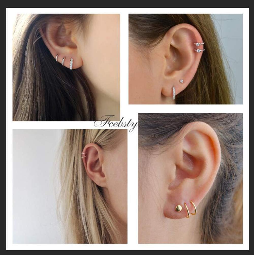 Small Sterling Silver Stud Earrings Set Tiny Cartilage Huggie Hoop Earrings Cubic Zirconia Cuff Earrings Silver Hoop Earrings for Women Men - Image 2