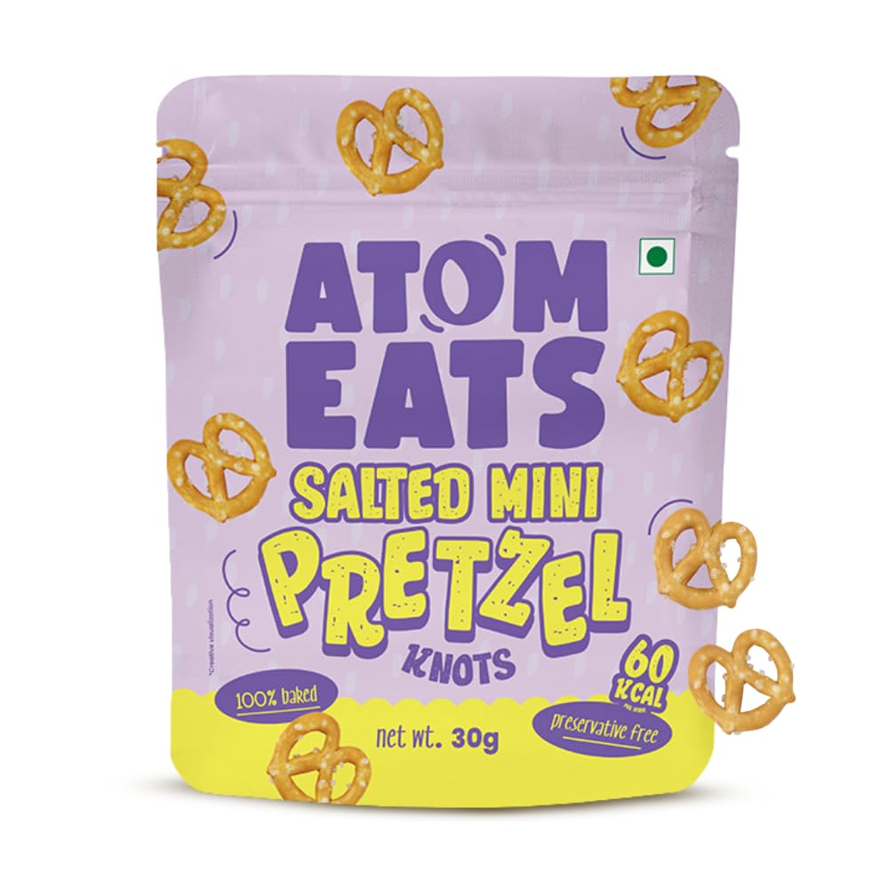 Atom Eats Salted Pretzel Mini Knots 30g | 100% Baked | Savory Snacks, Crunchy Namkeen - Perfect for Snack Box, Parties, On-the-Go Versatile Food Items - Great for Dipping, Solo Snacking