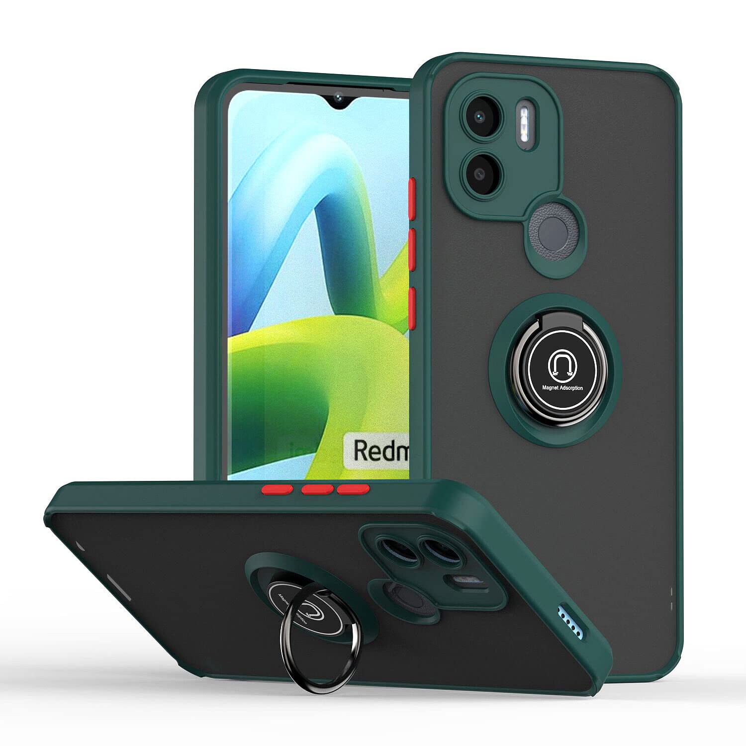 YIMICOCase for Xiaomi Redmi A1 Plus/A1+ 2022 Case Cover Metal Ring Holder Grip Kickstand Car Magnetic Mount Shockproof Matte Hard Back Bumper Case for Redmi A1 Plus(2022) (Green)