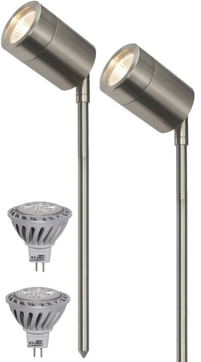 2 x LED Stainless Steel Low Voltage Garden Spike Light 12V Adjustable Outdoor MR16 Ground Mount