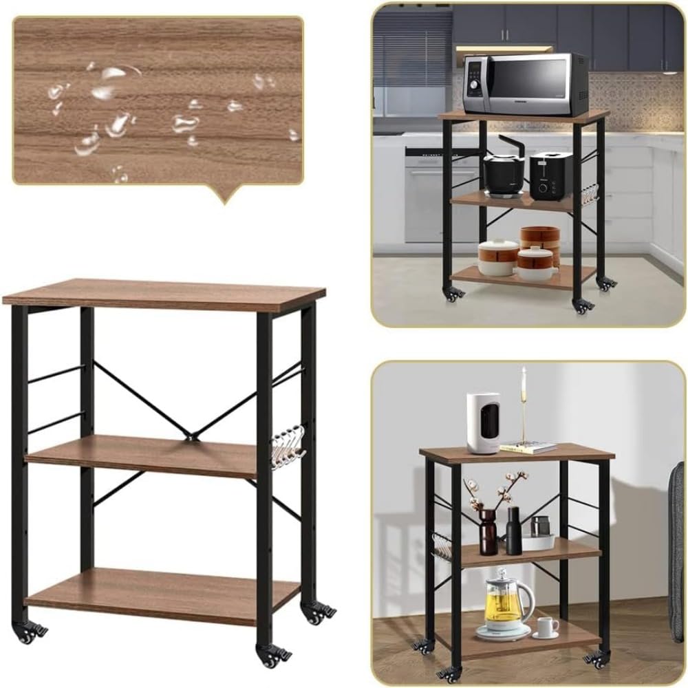 Cocina Scaffale da cucina a 3 livelli con 5 ganci, supporto for forno a microonde, ripiano mobile for workstation, marrone Estante de almacenamiento