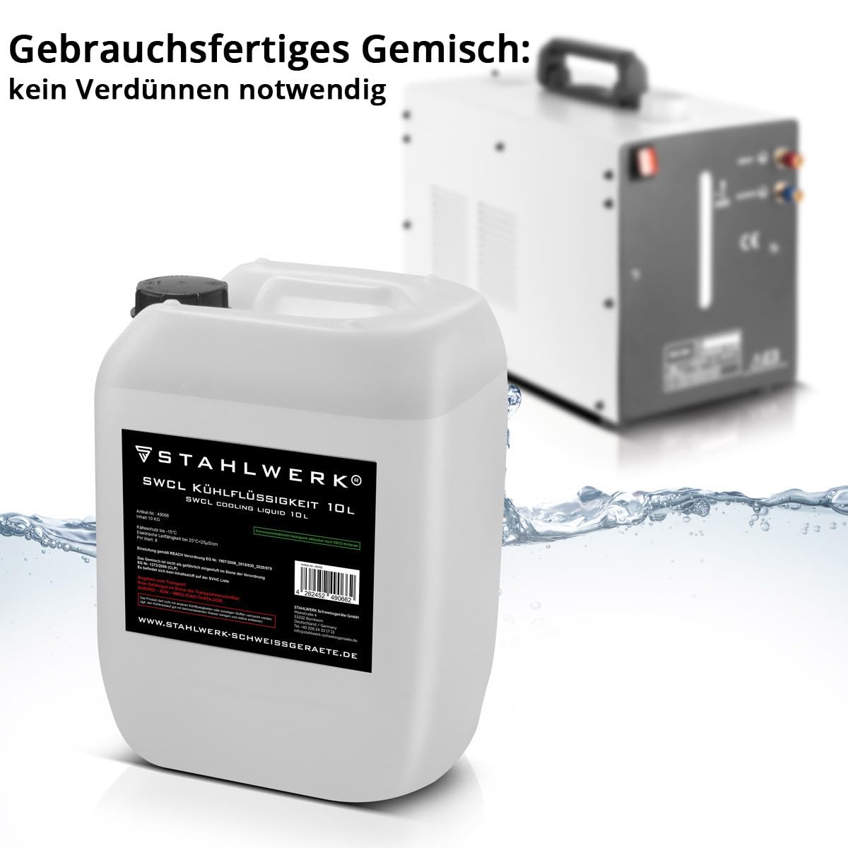STAHLWERK SWCL Kühlflüssigkeit 10 l Kanister, Kühlmittel 25 µS/cm bis -15°C | Kühlwasser für Wasserkühler und wassergekühlte Schlauchpakete von Schweißgeräten und Plasmaschneidern zur Wasserkühlung
