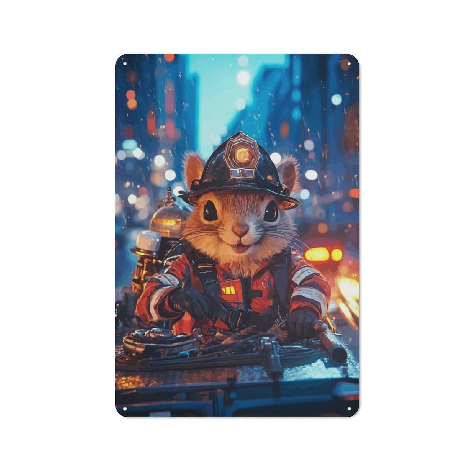 Firefighter Squirrel Decorative Metal Plaque 30x20cm, Garage Style Shed Wall Plaque for Workshop, Basement, Shed Or Games Room