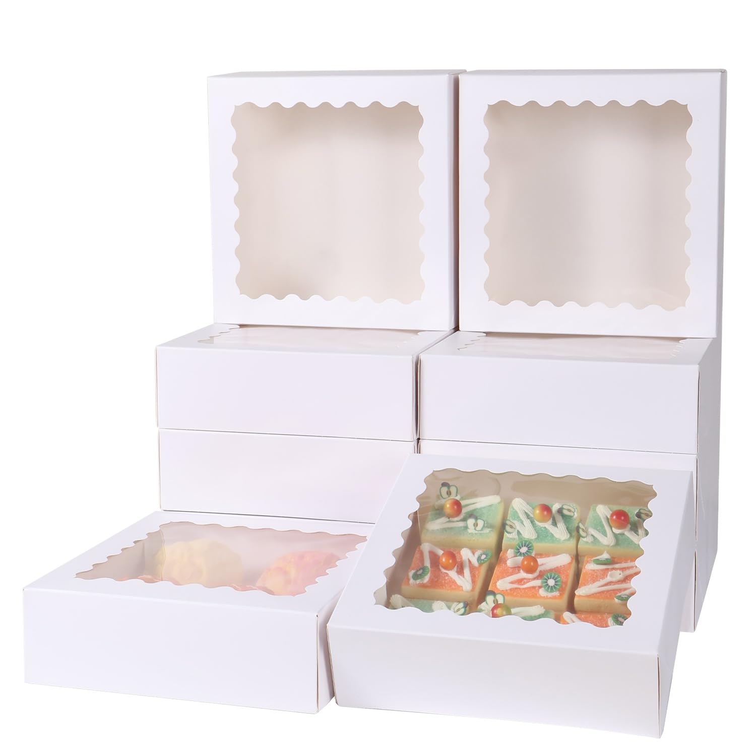 PFAMKEER 60 pcs 6x6x2.5 Inches Cake Box with Window, Bakery Pastry Cookie Boxes, Mini Pie for Pastry,Dessert,Strawberries,Chocolates (White, 6x6x2.5