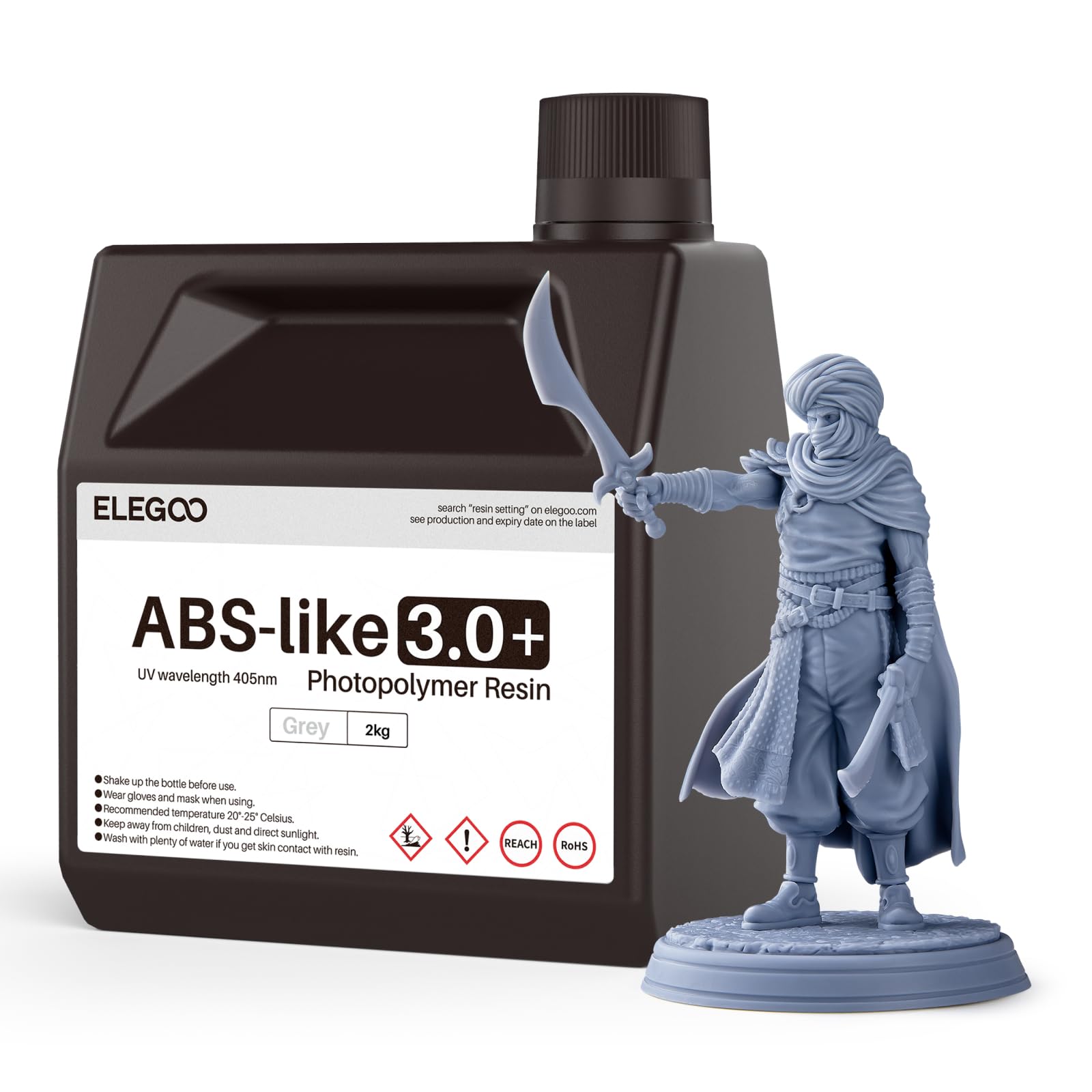 ELEGOO ABS-Like 3.0+ Resina para Impresora 3D Gris 2000g, Resina de Impresión 3D de Alta Resistencia al Calor, Menor Viscosidad y Contracción, Curado UV LCD 405nm para Impresora 3D