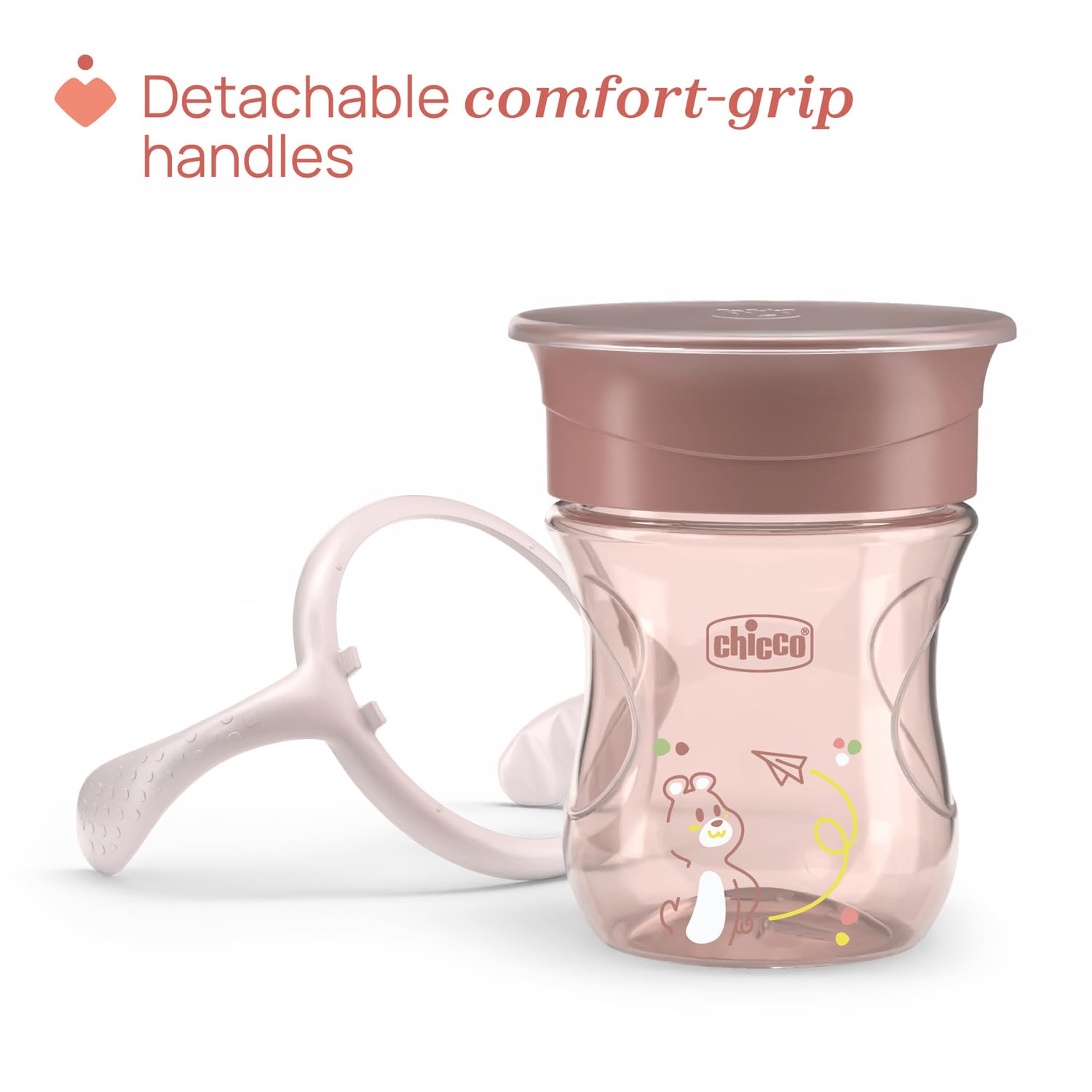 Chicco Perfect Cup Premier Verre pour Enfants 200 ml, 1 Tasse Biberon 12+ Mois pour Apprendre à Boire, avec Membrane en Silicone à 360° et Poignées Amovibles, sans BPA, Rose