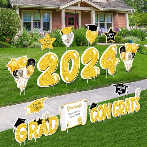 durony 17 Pieces 2024 Congrats Grad Lawn Yard Decor Large Waterproof Graduation Yard Signs with Stakes 2024 Congrats Grad Corrugated Signs with Marker for DIY Outdoor Graduation Party Supplies, Gold