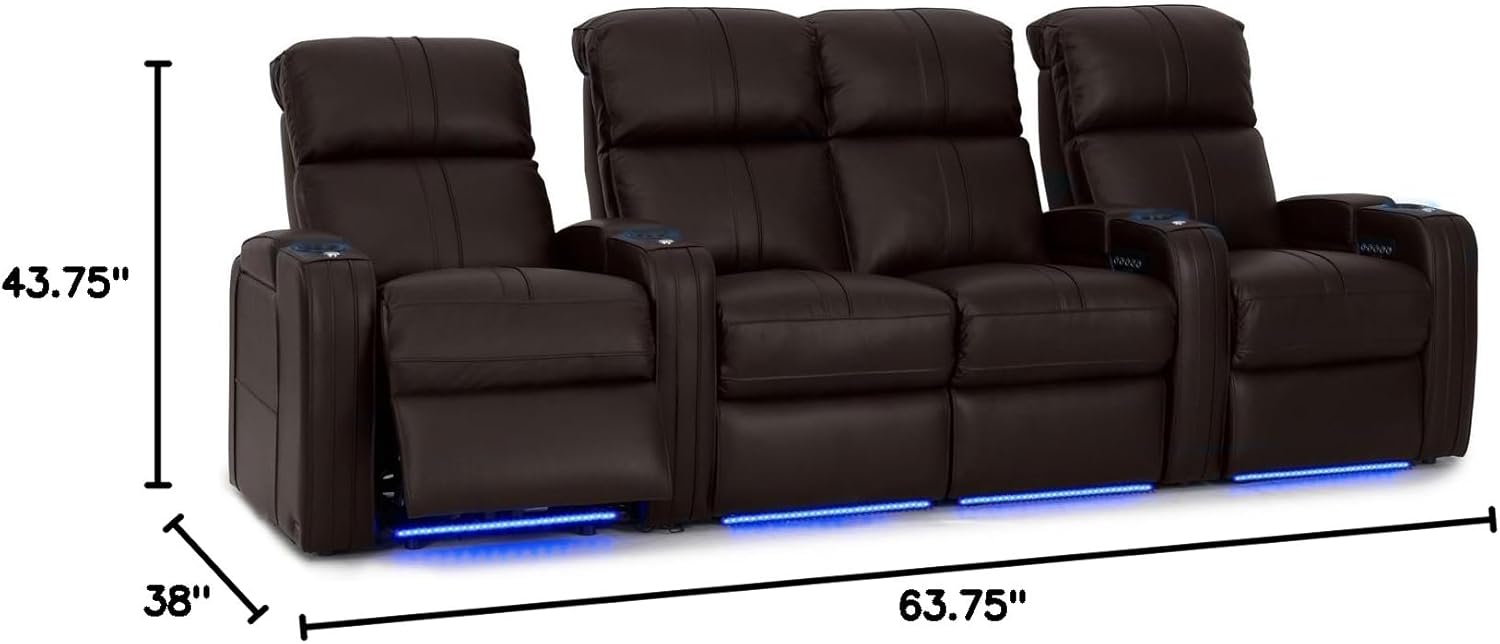 Octane Seating Flash HR Series Home Stadium Seating - Black Top Grain Leather - Power Recline - Motorized Headrest - Lighted Cup Holders (Row of 4 Center Loveseat, Brown)