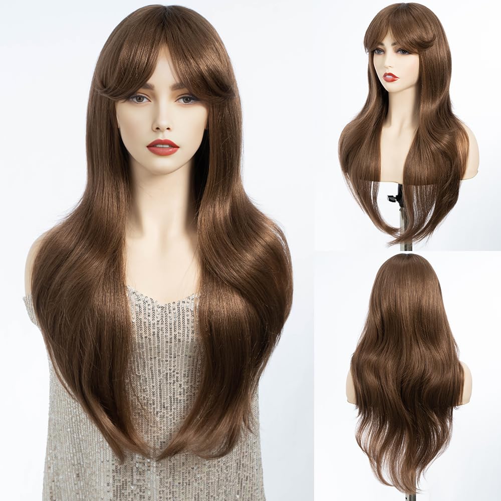 DÉBUT Long Brown Wig With Fringe for Women Heat Resistant Synthetic Layered Hair Wigs With Bangs for Daily Party Cosplay Use(26 inches