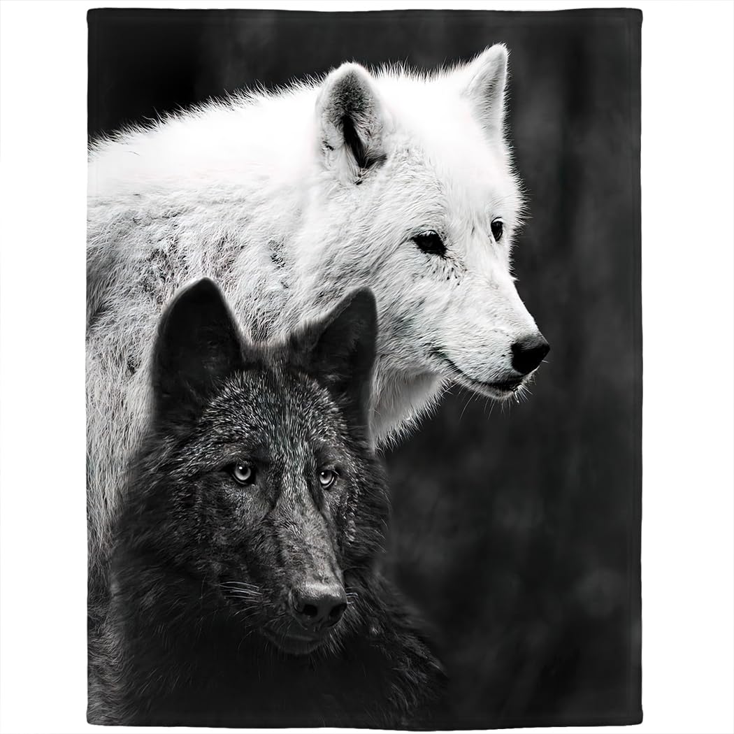 Couverture loups noir et blanc en flanelle polaire épaisse et ultra douce 150x200cm