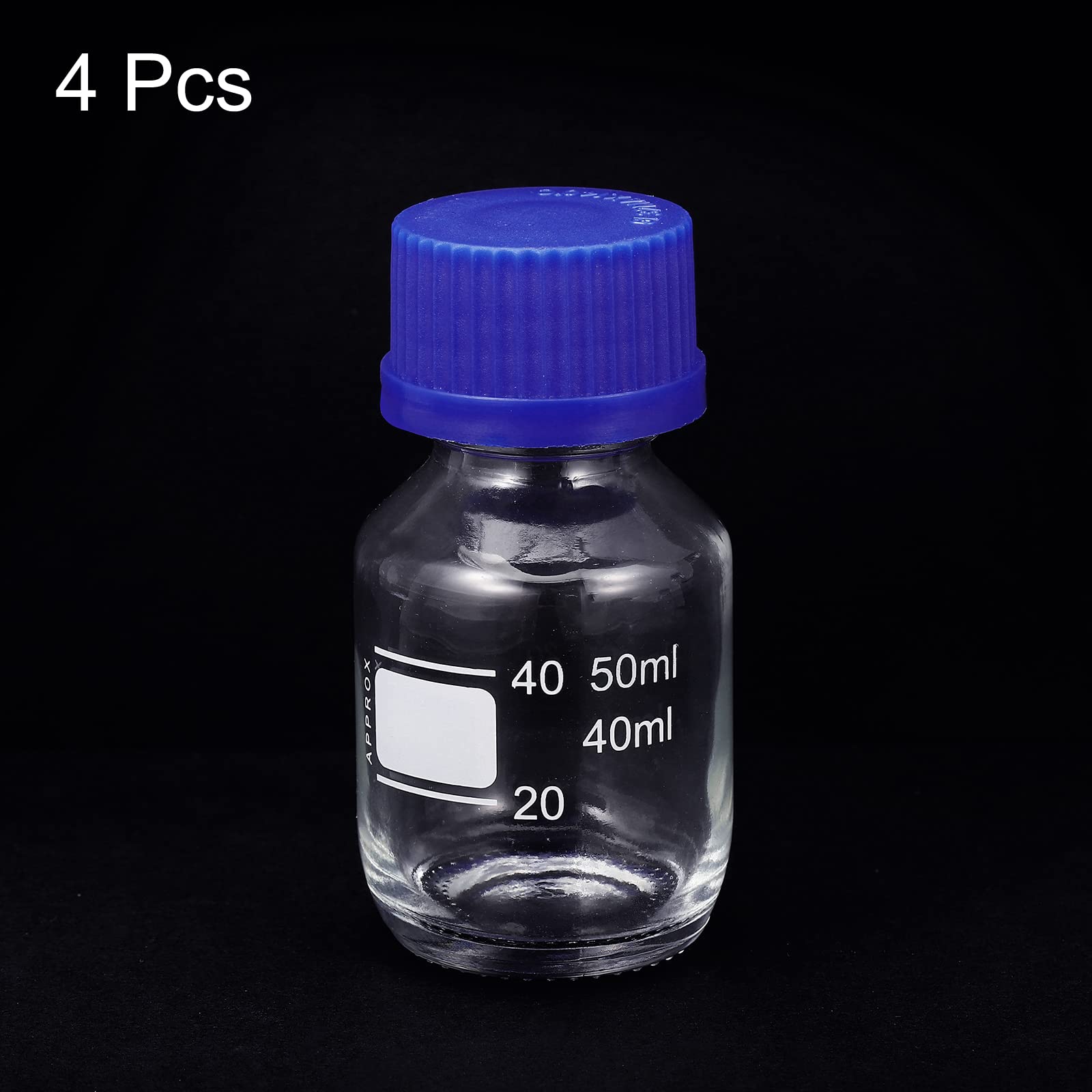 PATIKIL 50mL Reagenzmittelflasche, 4Pcs runde abgestufte Glasspeicherflasche blaue Schraube für Labor Haus, klar