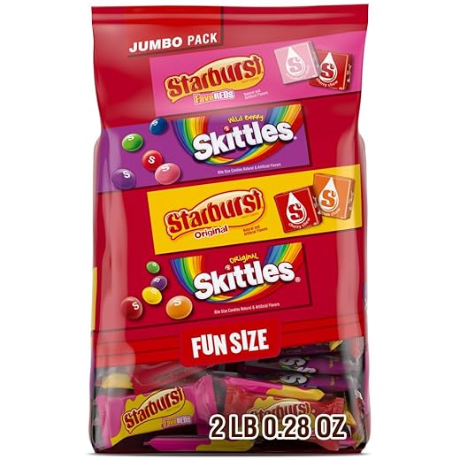 Skittles, Starburst Fun Size Chewy Candy Assorted Variety, Individually Wrapped, 32.28 Ounces, Bulk Bag