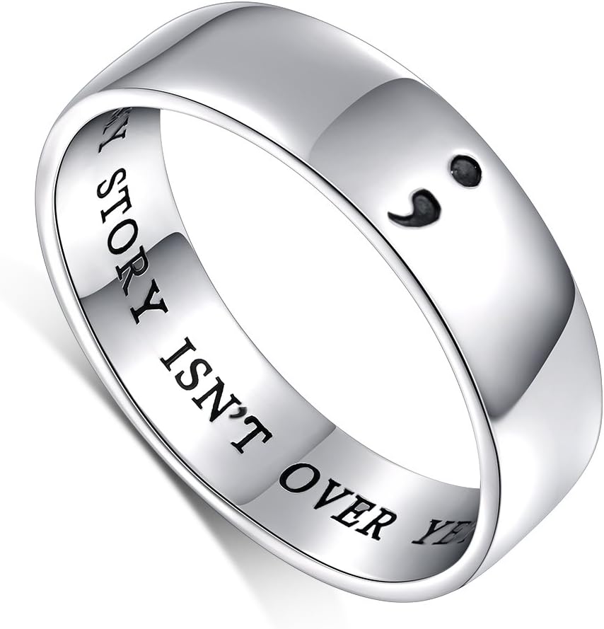 DAOCHONG Inspirational Jewelry S925 Sterling Silver MY STORY ISN'T OVER YET; Semicolon Ring for Men Women or Unisex Width 6mm