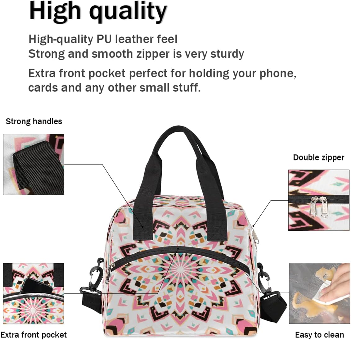 Pastel Mandala Insulated Lunch Bag Women/Kids Sport Wide Open Reusable Insulated Lunch Box Organize Yeti Lunch Box For Men Girls Lady Tote bag for Work School Travel