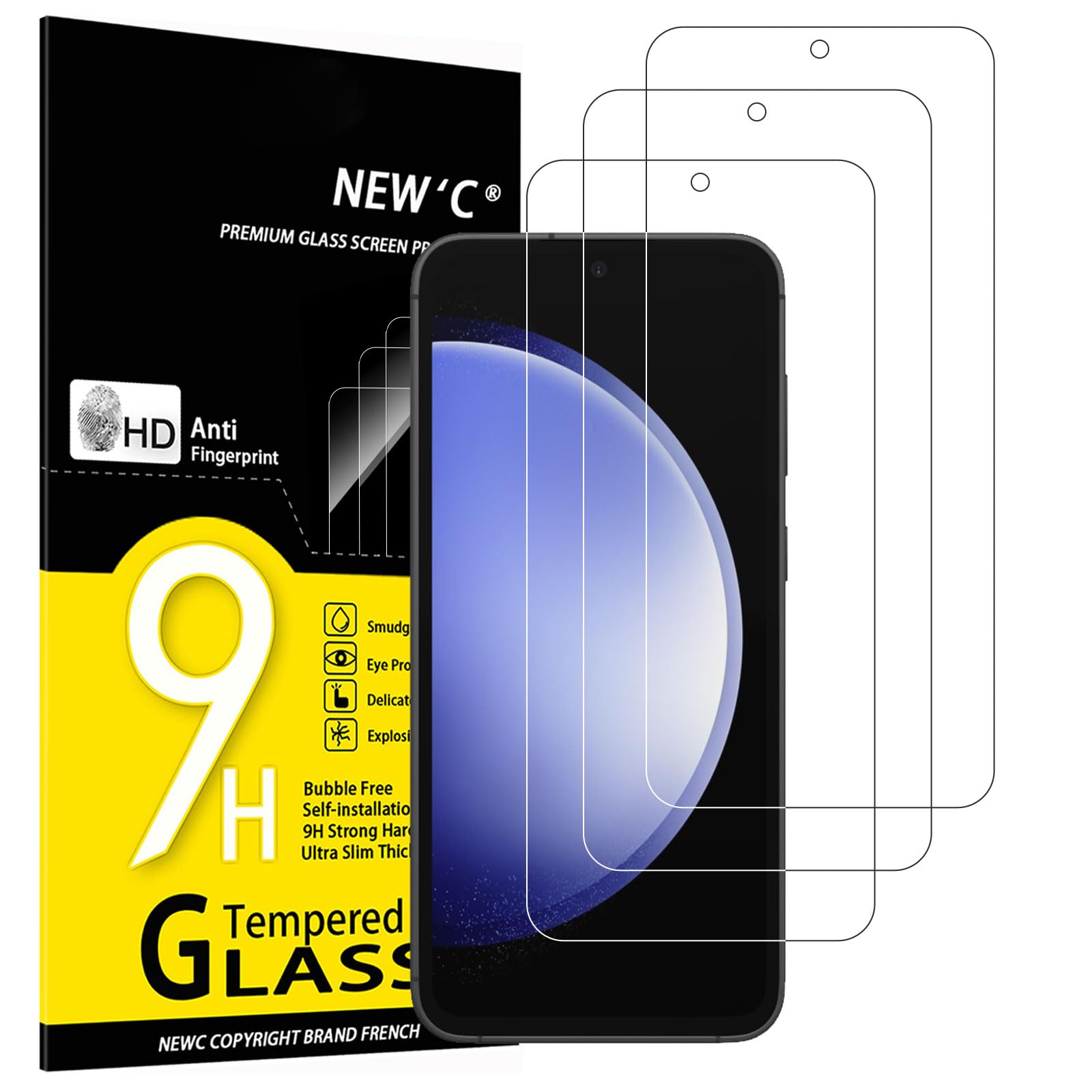 NEW'C 3 Pezzi, Vetro Temperato per Samsung Galaxy S23 FE 5G, Pellicola Prottetiva, Senza Bolle, Durezza 9H, 0,33mm Ultra Trasparente, Ultra Resistente