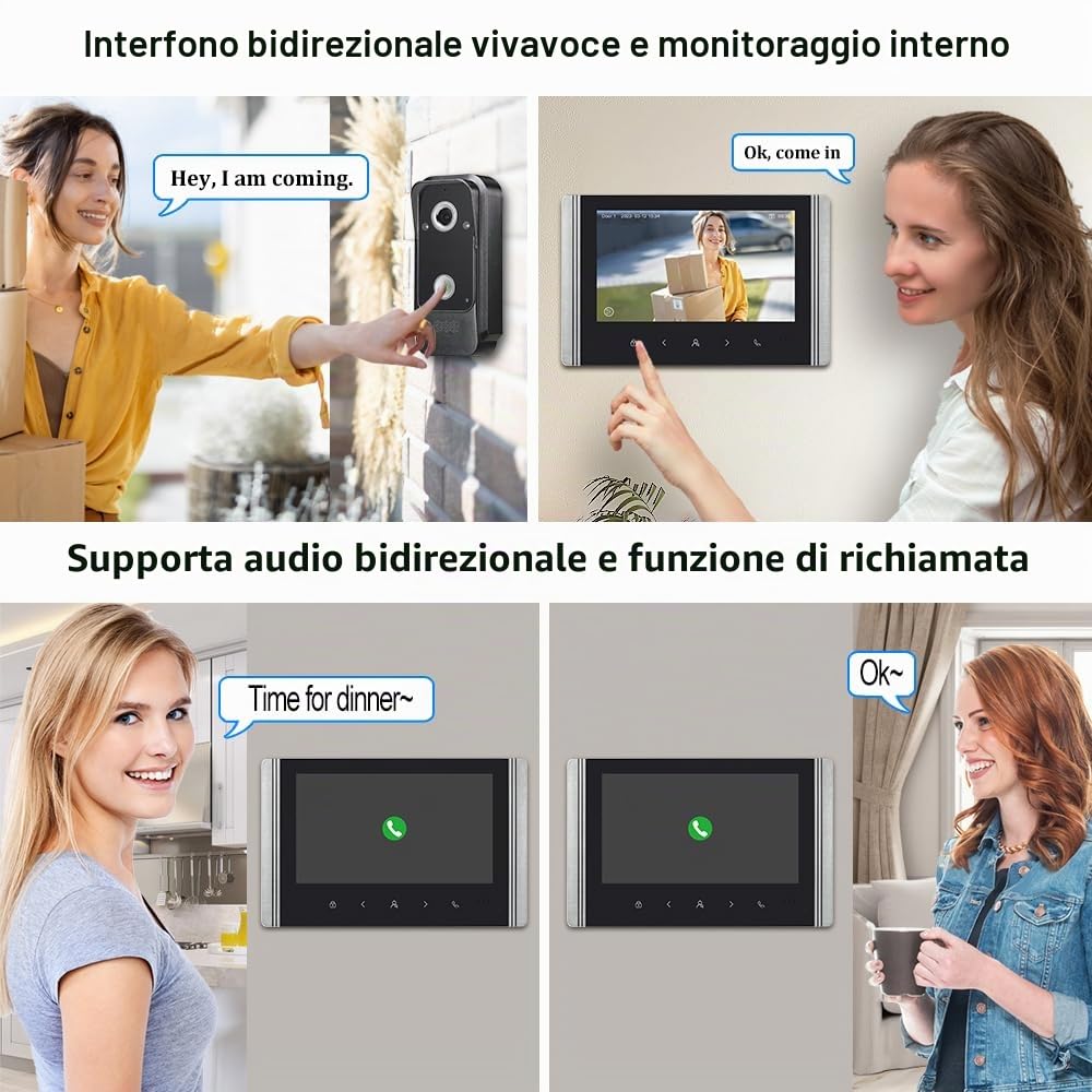Sistema di videocitofono cablato con schermo a colori IPS da 7 pollici, videocitofono HD 1080P e telecamera da 2 megapixel con supporto per sblocco, citofono bidirezionale