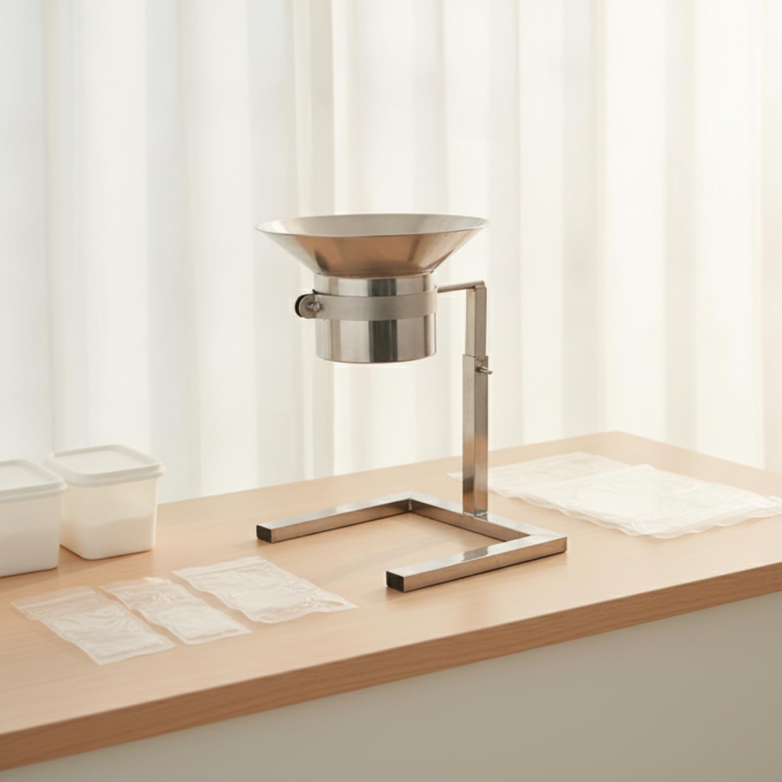 Imbuto in Acciaio Inox con Supporto da Banco Imbuto Dosatore con Stativo Regolabile Professionale Tramoggia in Acciaio Inox per Ristoratori, Macellai , 12 Cm