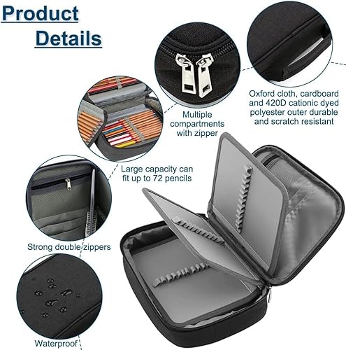 Rairsky Extra Large Pencil Case, 72 Slots Pencil Tin, Multi-Layer Detachable Pen Bag, Book Pencil Organiser Case for School Office Art Craft (Black) - Image 2