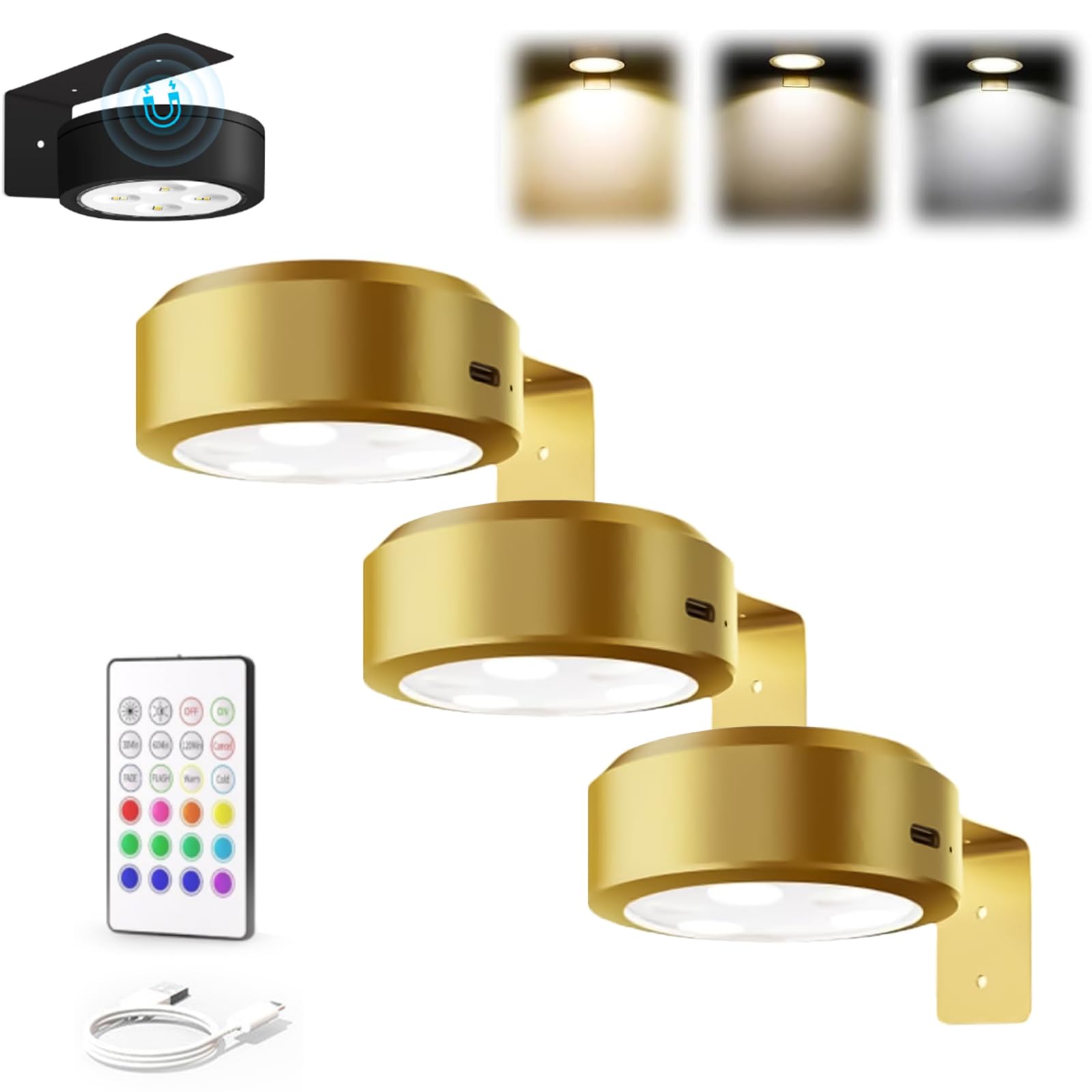 Topveden 3 Pack Picture Lights for Wall, Top Veden No Drill Picture Lights, Remote Control Control Adjustable Brightness Timer, 3 Color Temperatures or 12 RGB Colors for Art Display (3*Glod,3color)