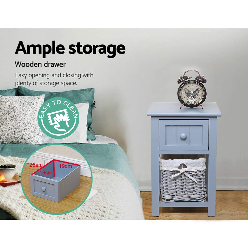 Small Bedside Table Set of 2, Retro Bedside Table with Wicker Basket