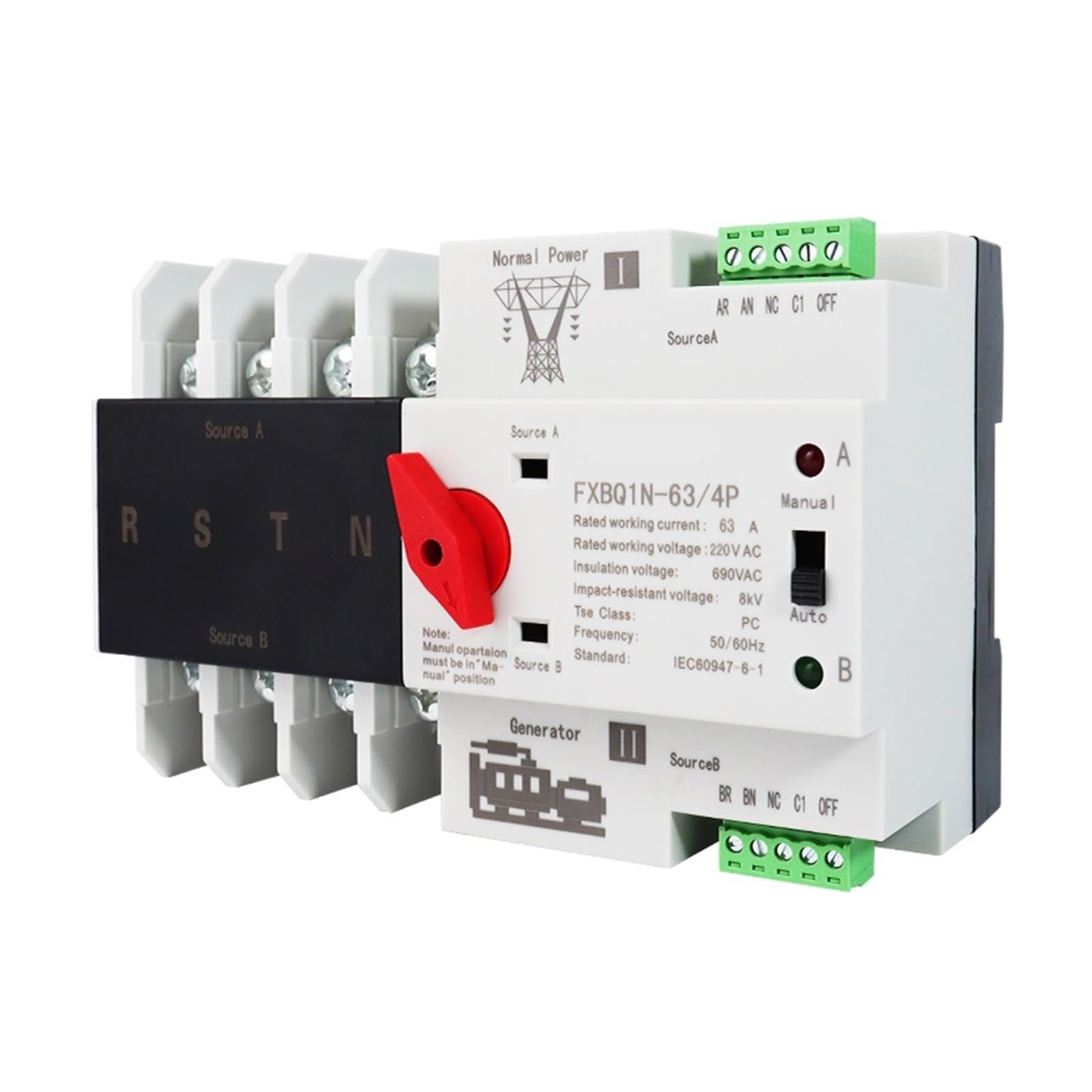 Controlador del conmutador de transferencia automá Interruptor de Transferencia Automática 4P Din Rail Doble potencia Selector interruptores generador de energía ininterrumpida 63A 100A(220V 63A)