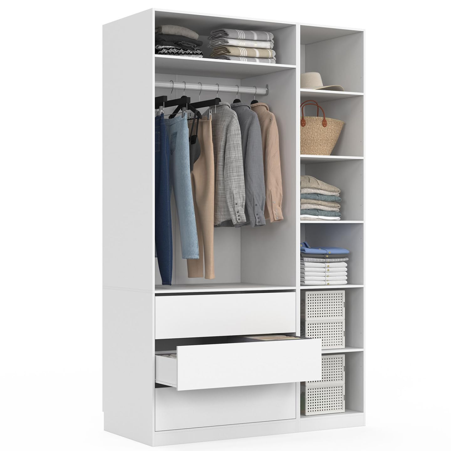 IDMarket - Dressing modulable TAYLOR 120 x 55 x 200 cm 2 modules avec penderie + étagères + tiroirs blanc
