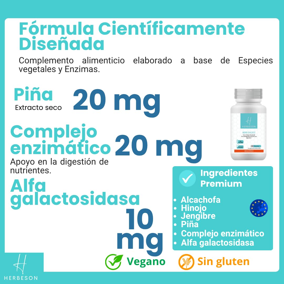 Confort digestivo y vientre plano con Alcachofa, Hinojo y Jengibre – HERBESON HERB DIGEST | Complemento vegano sin gluten con enzimas digestivas y Piña – 60 cápsulas (60)
