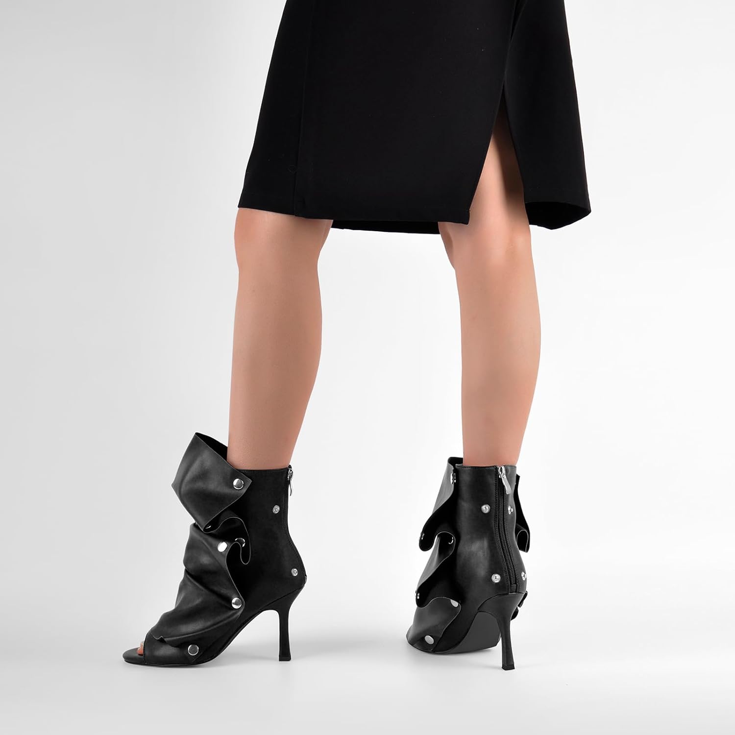 sexytag Women's Peep Toe Booties Slouchy Stiletto Kitten Heel Shark Boots Open Toe Back Zipper Fashion Ankle Short Boot - Image 5