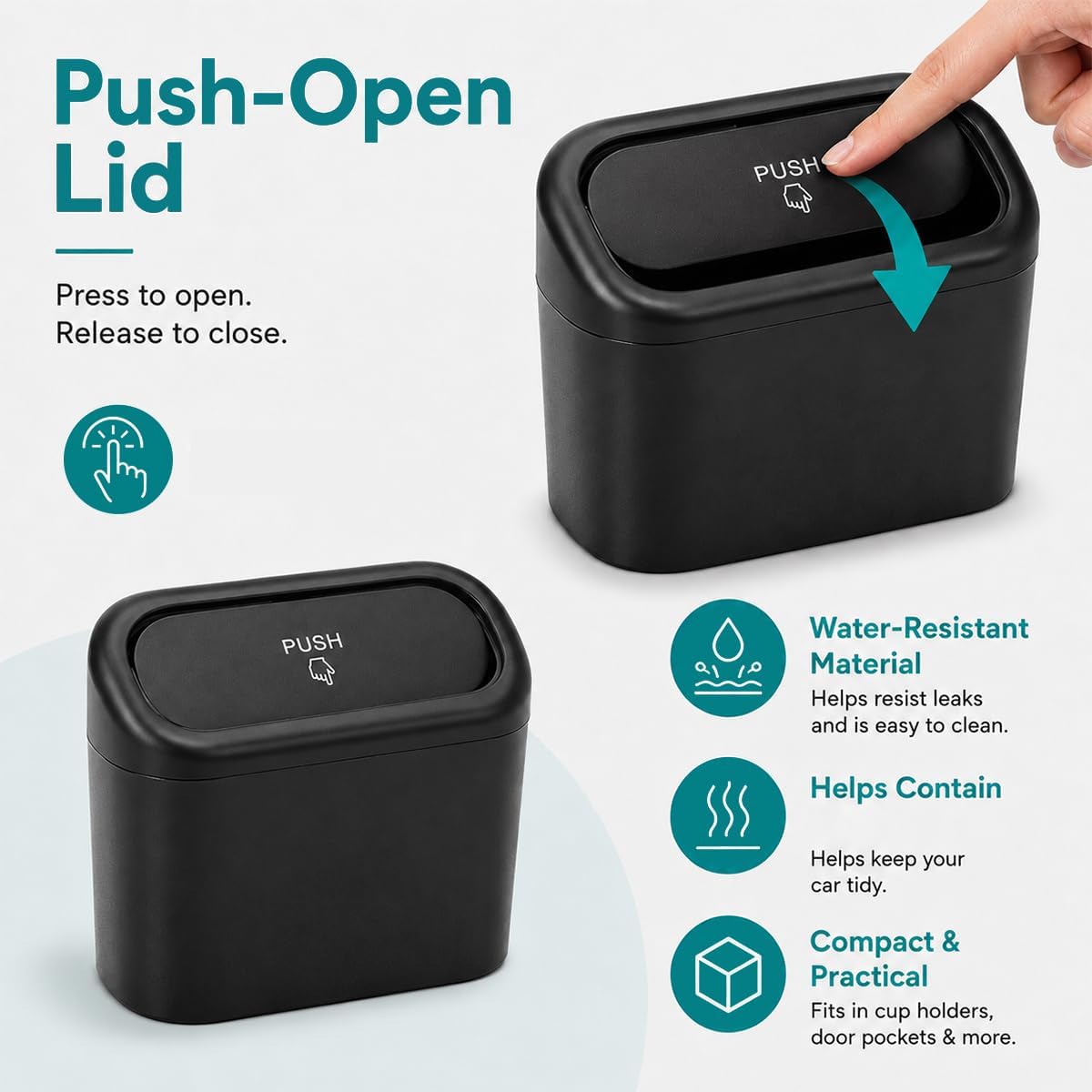 Car Trash Can with Lid, Waterproof Plastic Auto Garbage Can with 15Pcs Trash Bags, Leakproof Hanging Dustbin Portable Garbage Storage Organizer for Vehicle Home Office (Black) image 5