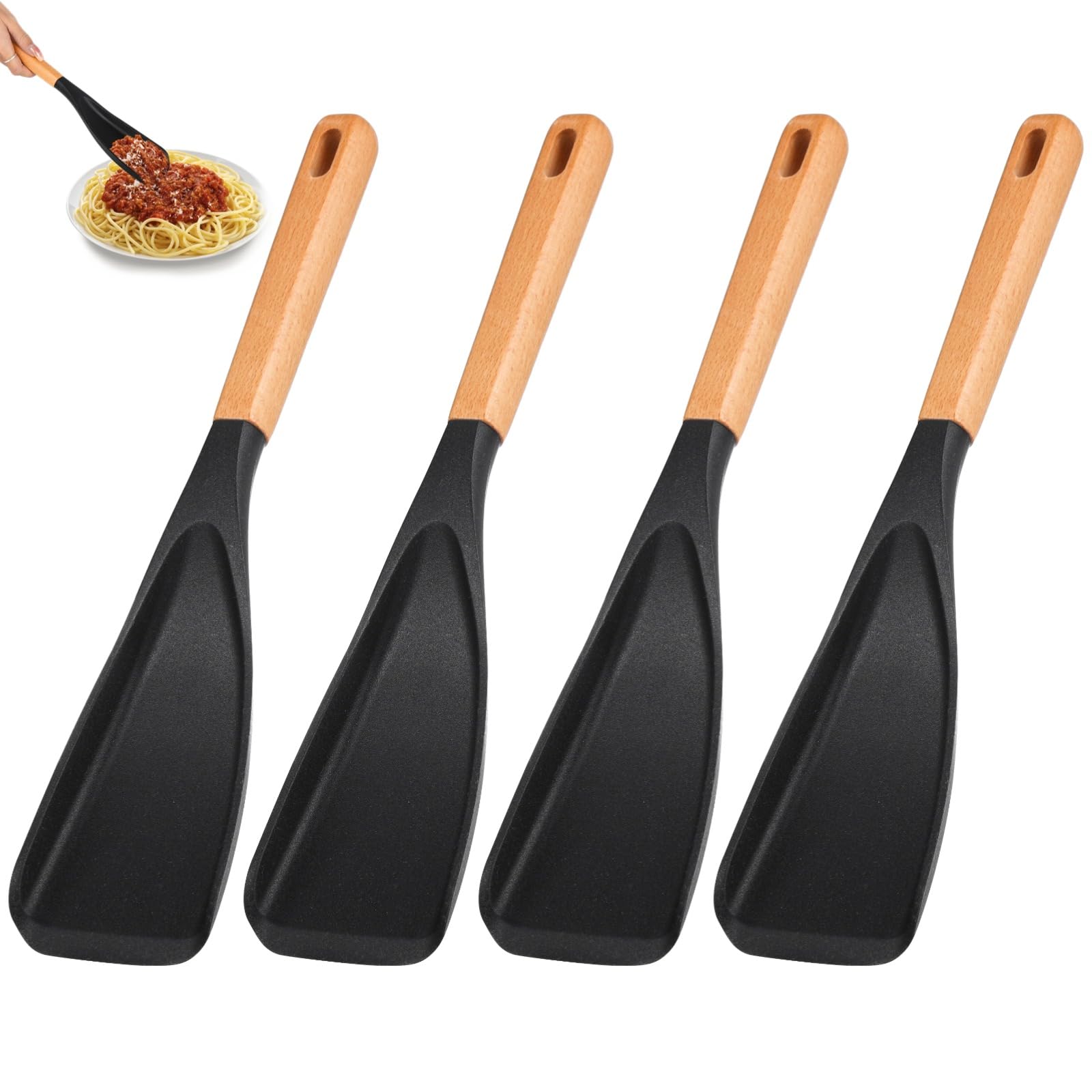 Lot de 4 cuillères de cuisine avec manche en bois, cuillère salade en silicone, ustensiles noirs à suspendre, pour mélanger, prélever et servir, pour poêles et casseroles antiadhésives