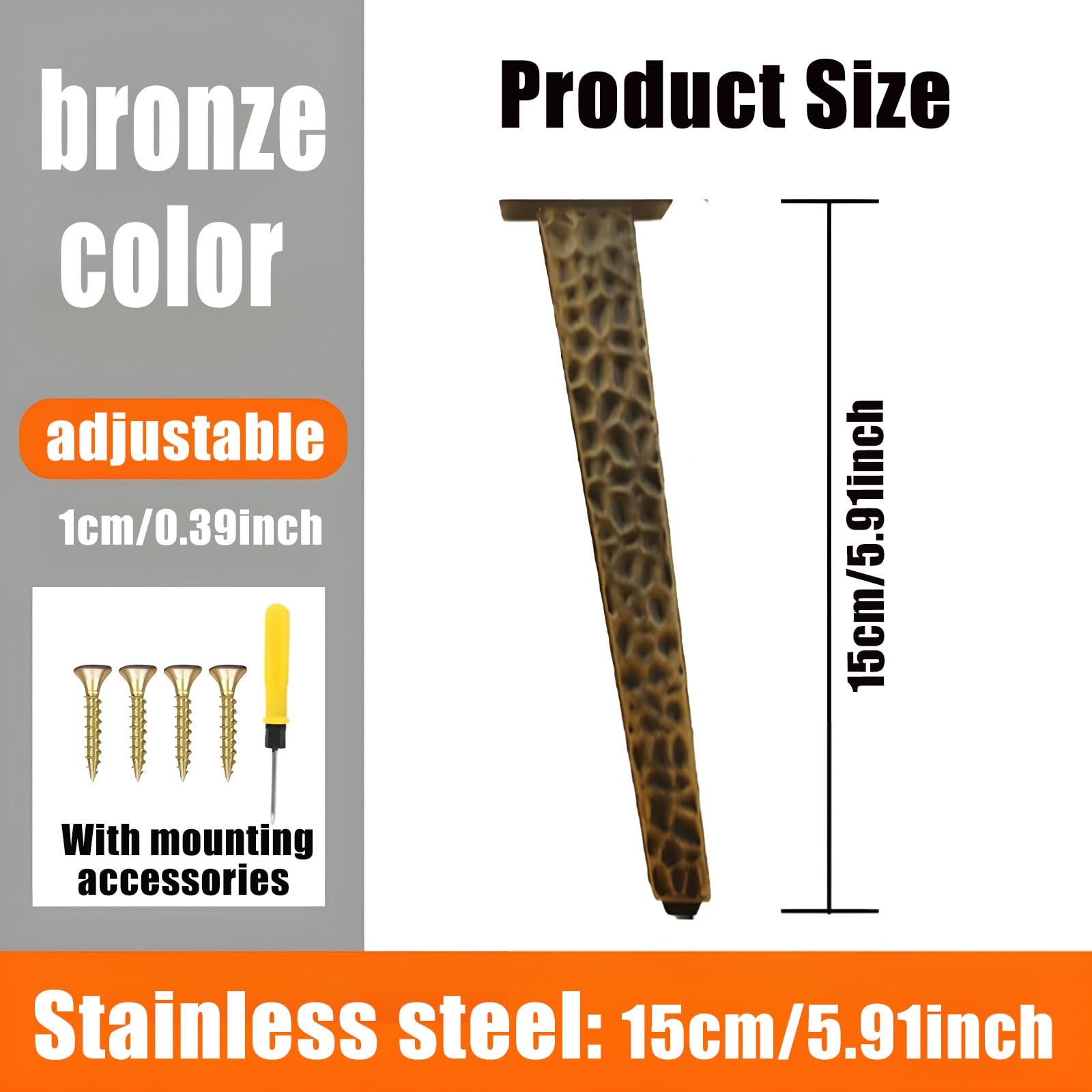Patas Para Muebles Regulables Altura, 12/15/18/20/30/40cm Patas Pies Redondo De Mesa Armario De Acero Inoxidable Con Tornillos，4 Piezas Patas Mesa, Sofá, Silla, Escritorio(Bronze,15cm/5.91inch)