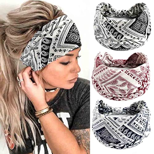 Zoestar Boho breite Stirnbänder Schwarz Vintage Headwraps Stilvolle Elastische Haarbänder Geknotet Turban Kopftücher für Frauen und Mädchen (3 Stück) (E)