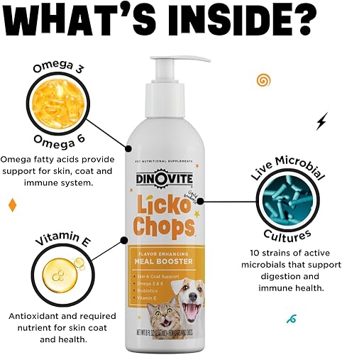 Miniatura 3 de Dinovite Lickochops - Suplemento para perros y gatos mejorado con omega-6, 3 ácidos grasos, probióticos y vitamina E, 16 onzas con bomba