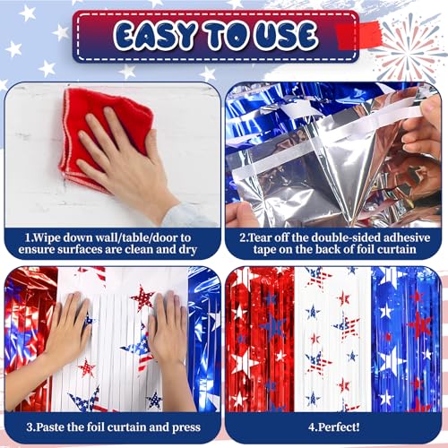 Image of 3 Pack 4th of July Foil Fringe Curtains - Unique Red White Blue Tinsel Backdrop - Patriotic Party Decorations & Photo Booth Supplies for Memorial Day, Veterans Day & Welcome Home Event