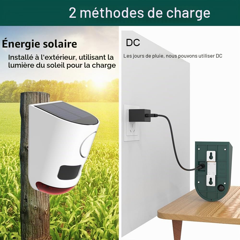 Alarme extérieur solaire à détecteur de mouvement – Bruit sonore de 129 dB, détecteur de mouvement multibande haute fréquence à ultrasons avec lumière stroboscopique, pour la cour, la ferme, le jardin